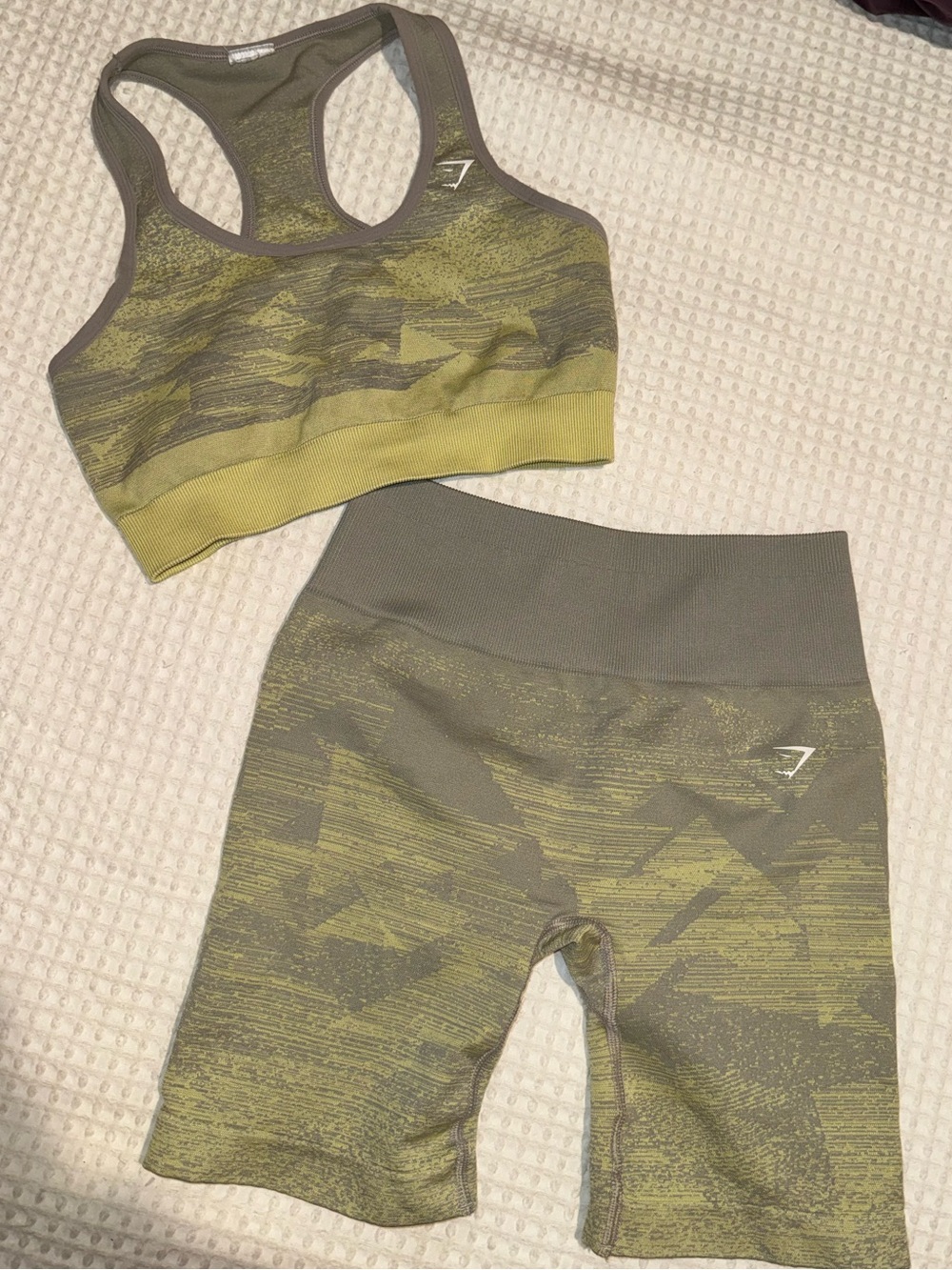2/$30 - Gymshark Olive & Yellow-Green Seamless Sports Bra and Bike Shorts